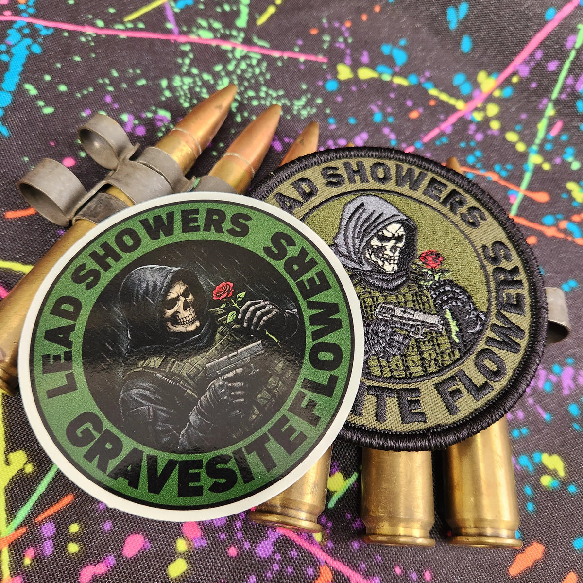 COMBO - POTM - April 2026 POTM - Lead Showers Bring Gravesite Flowers - PATCH AND STICKER