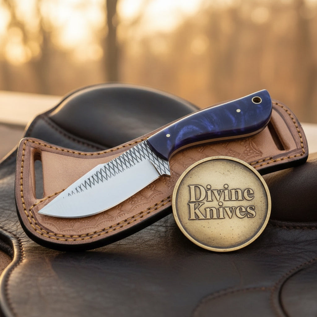 Purple Swirl Resin Rasp Cowboy Knife with Marbled Purple Handle