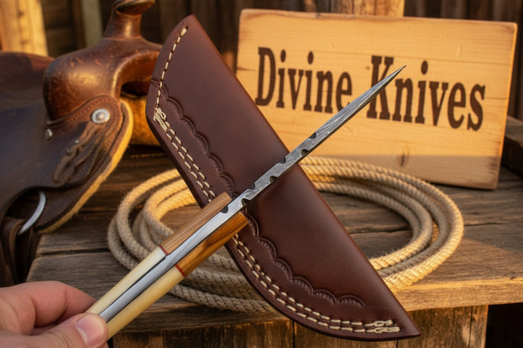 Bone and Wood Accent Damascus Knife Built for Field Dressing