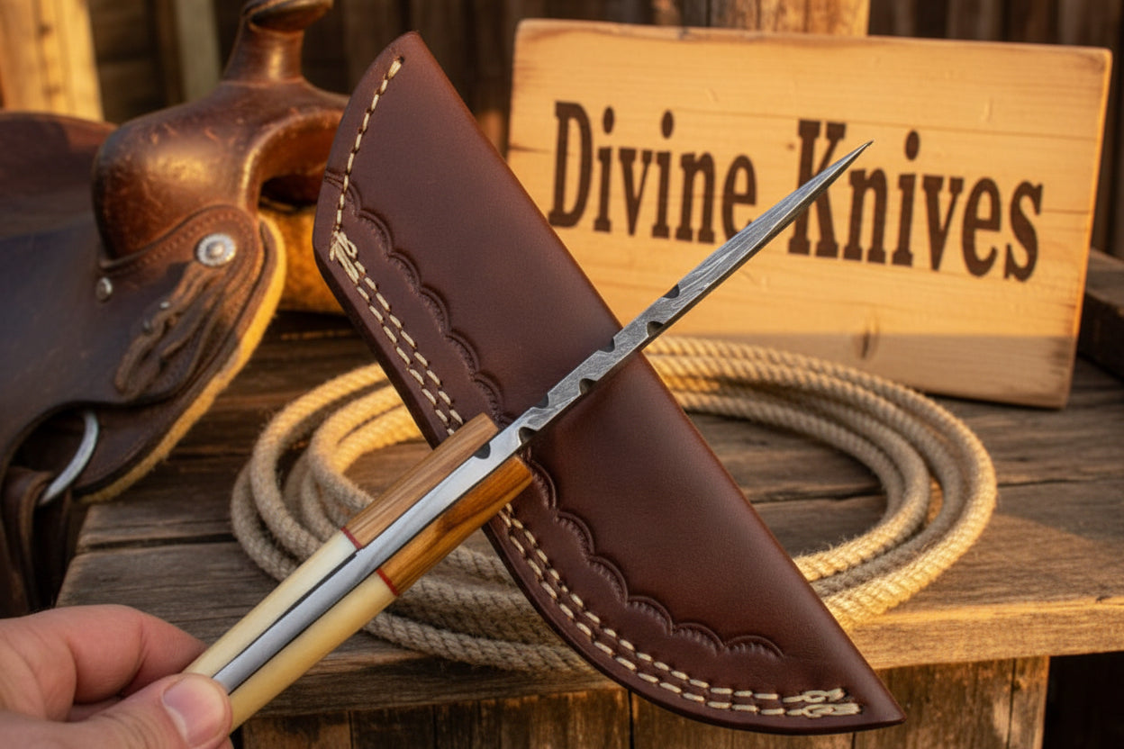 Bone and Wood Accent Damascus Knife Built for Field Dressing
