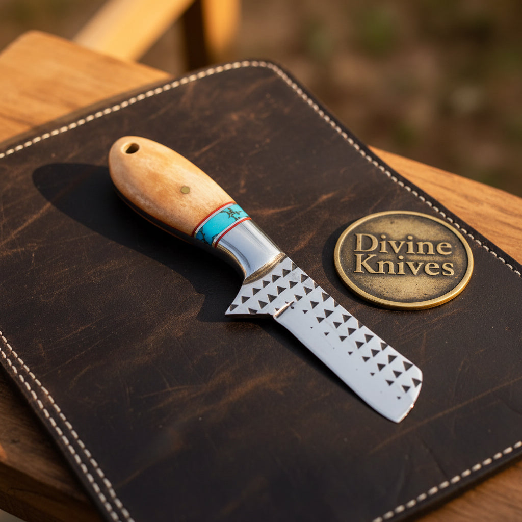 Turquoise & Bone Rasp Bull Cutter Knife with Tooled Leather Sheath