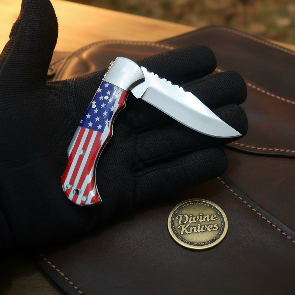 American Flag Lockback Pocket Knife with Patriotic Folding Blade
