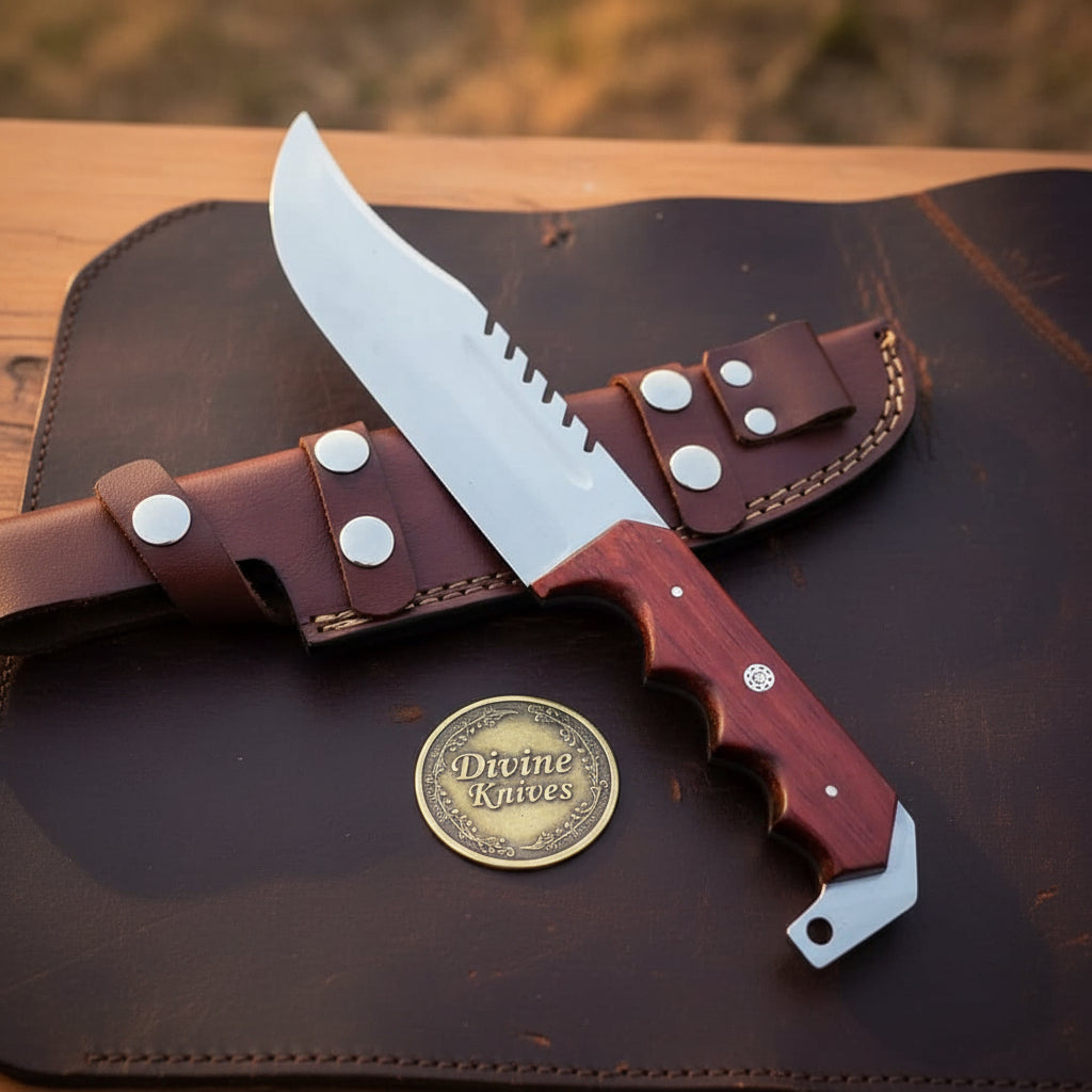 Rosewood Sawback Tracker Bowie Knife with Finger-Groove Wood Handle