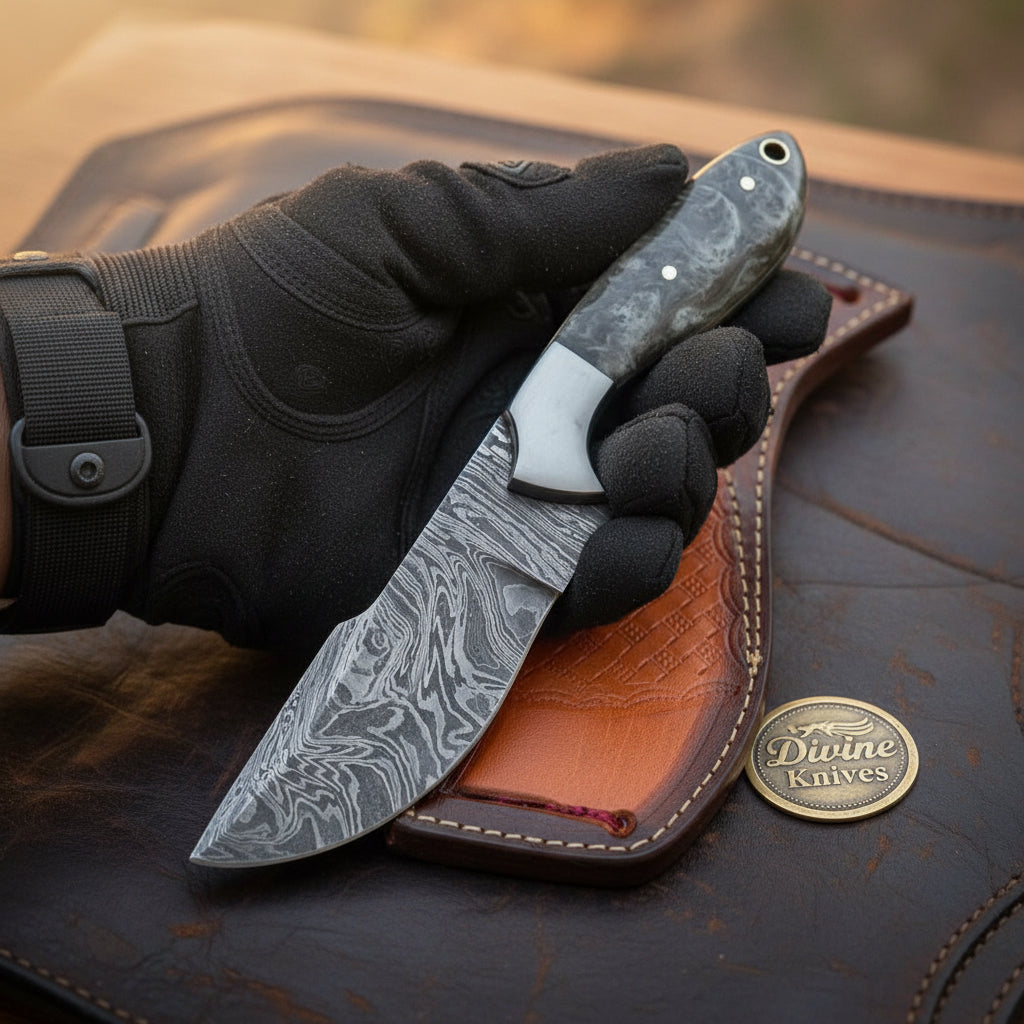Damascus Charcoal Burl Resin Cowboy Knife with Wood Grain Blade