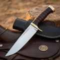 Stacked Leather Grip Camp Bowie Knife with Contoured Black Pommel and Basketweave Sheath