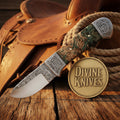 Engraved D2 Hunting Knife with Cut Scrollwork and Burl Wood Handle