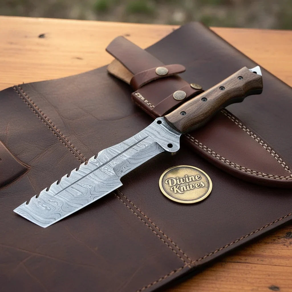 Sawback Reverse Tanto Knife with Twist Pattern Blade & Walnut Handle