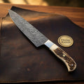 Stag Handle Chef Knife with Polished Steel Bolster and Hand Forged Layered Blade