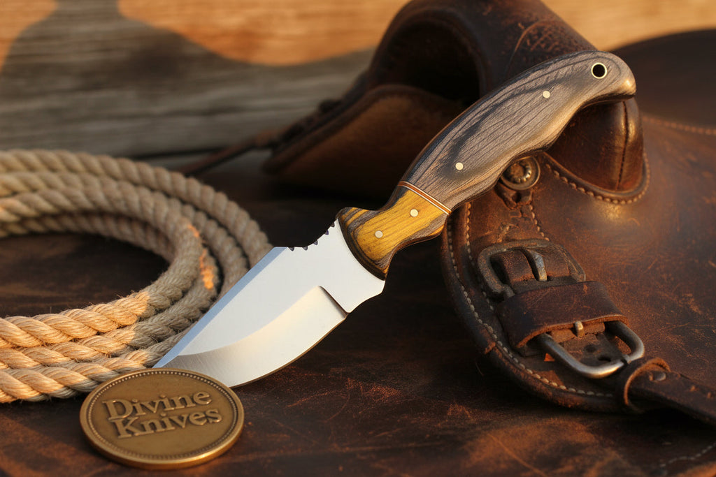 Yellow Accent Damascus Knife with Gray Wood Handle and Lanyard Hole