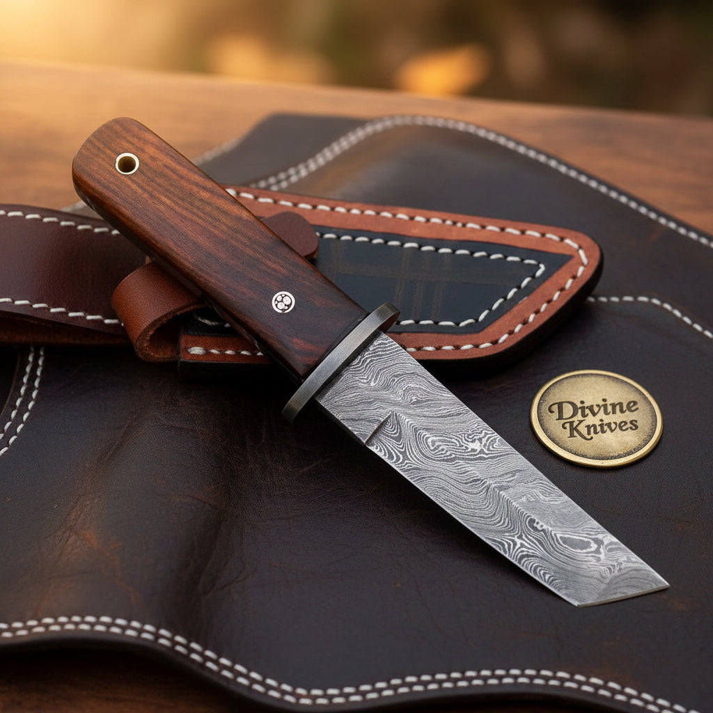 Rosewood Handle Tanto Knife with Leather Sheath