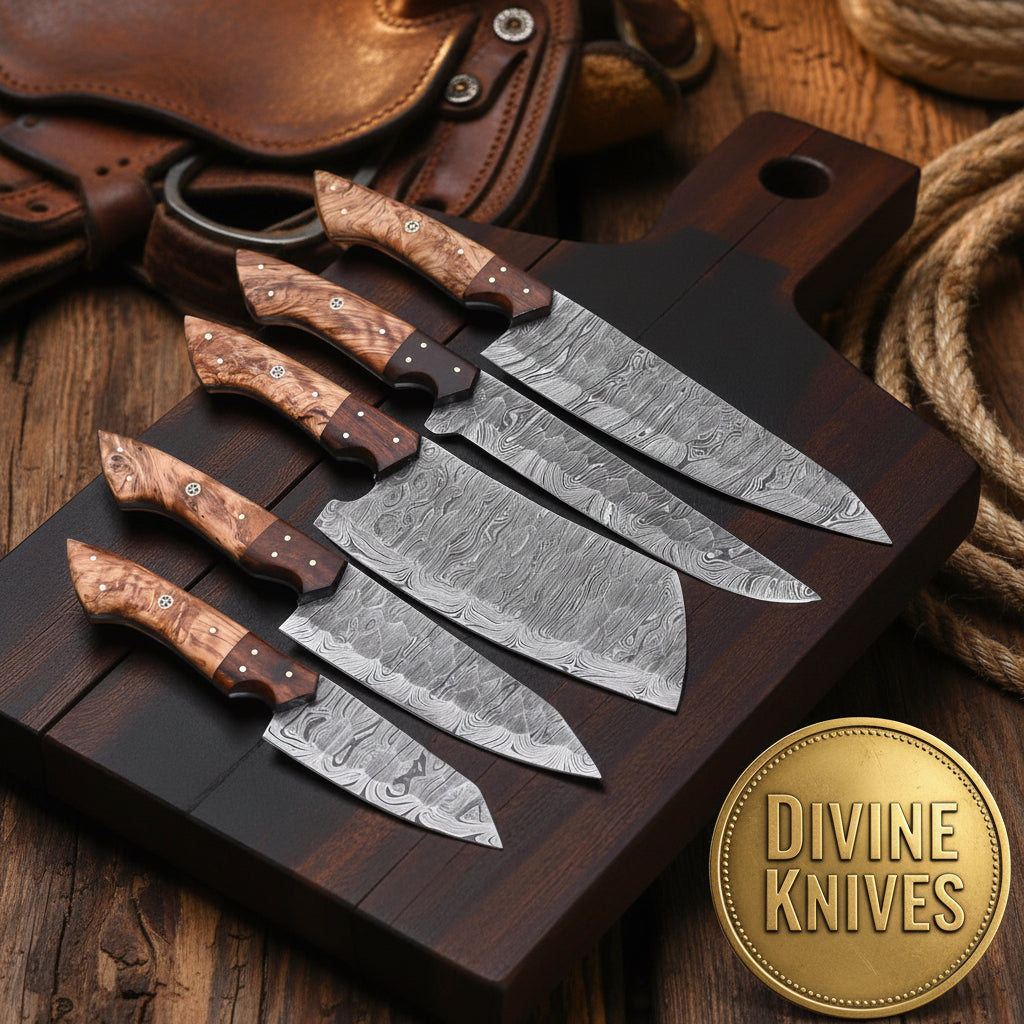 Damascus Hunter's Kitchen Set with Burl Wood Handles