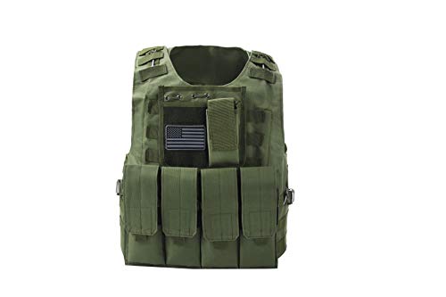 Airsoft Tactical Plate Carrier Vest with Free US Flag Patch, Mil Spec 1000D Nylon PALS Molle Modular w/ 4 Mag Pouches, Side Pouch, Chest Mag Pouch