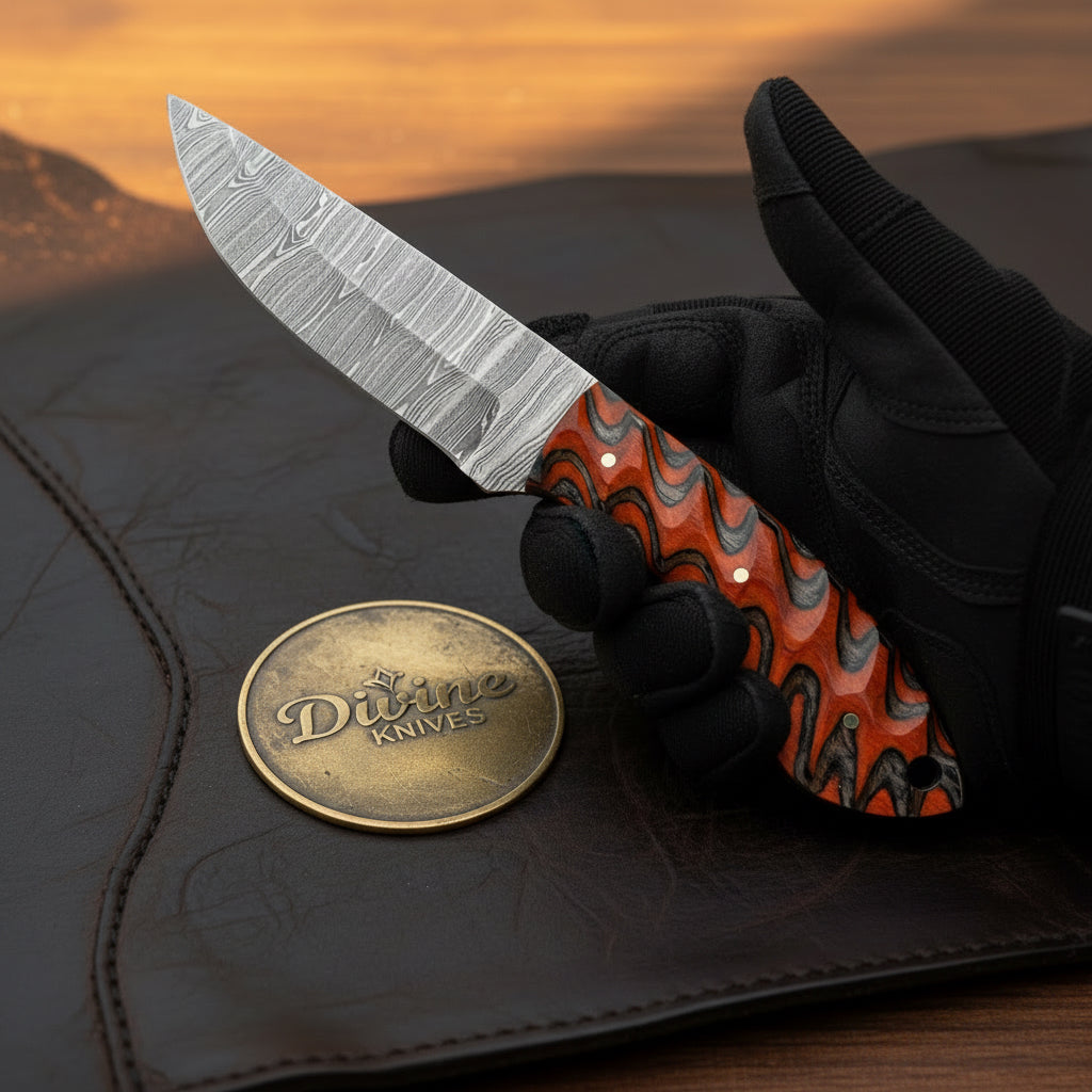 Damascus Smokewood Hunter with Flame Marbled Handle