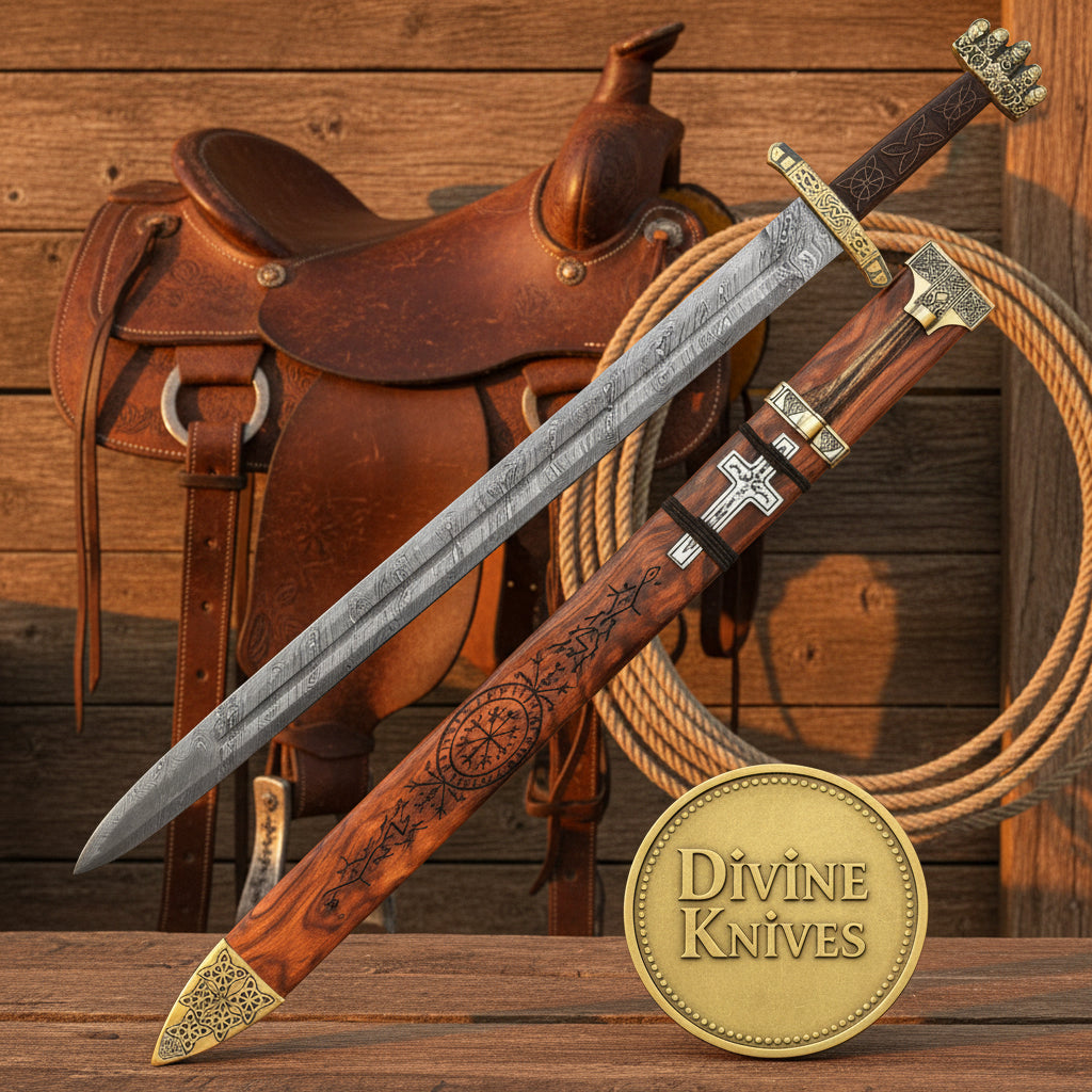 Gunnar Damascus Sword with Fullered Blade and Carved Vegvisir Scabbard