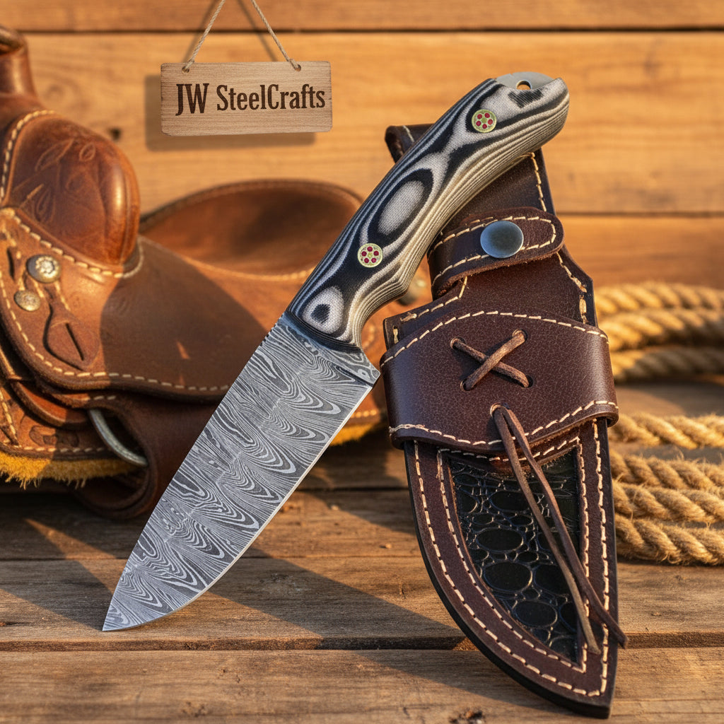 Marblewood Skinner Knife 10" Handmade Damascus Micarta Handle