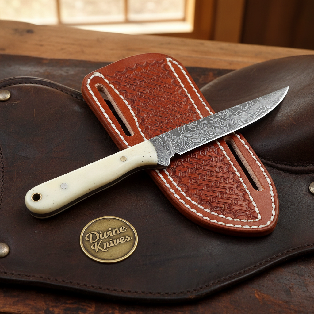 Camel Bone Bird and Trout Knife with Damascus and Carbon Steel Blade
