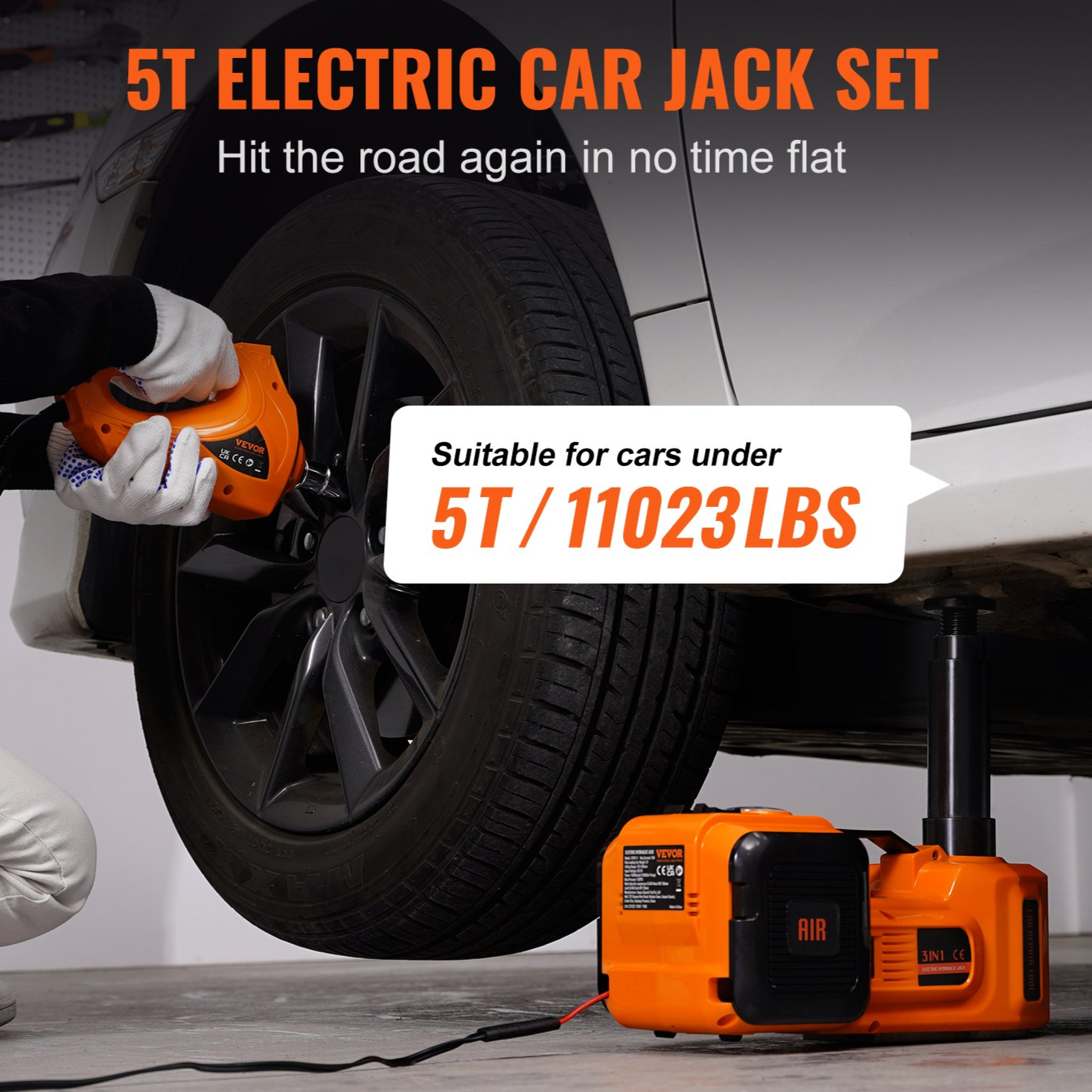 12 in 1 Electric 5 Ton Hydraulic Car Jack and Air Pump with Electric Impact Wrench