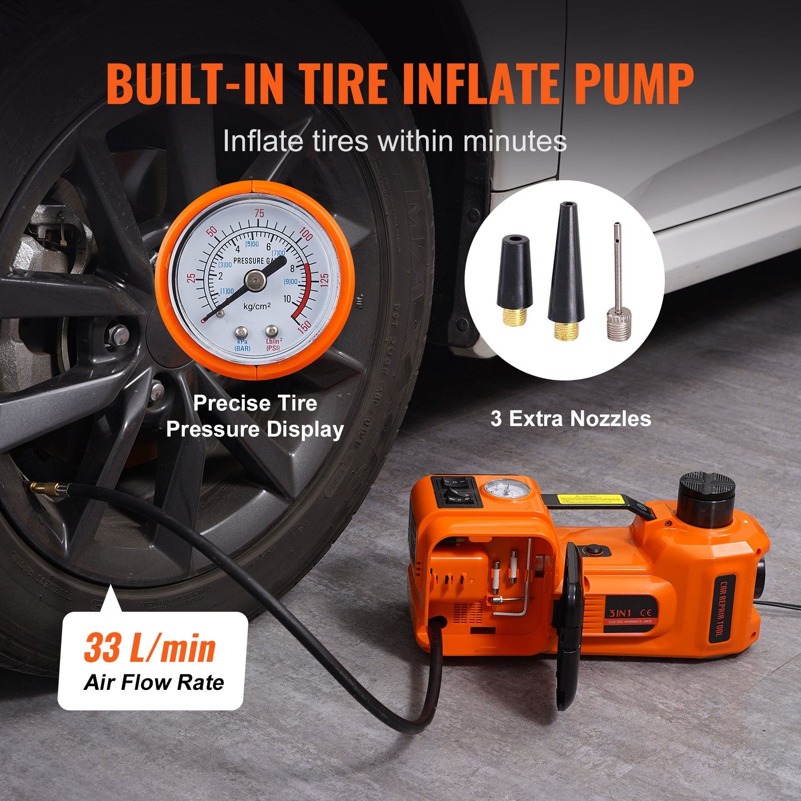 12 in 1 Electric 5 Ton Hydraulic Car Jack and Air Pump with Electric Impact Wrench