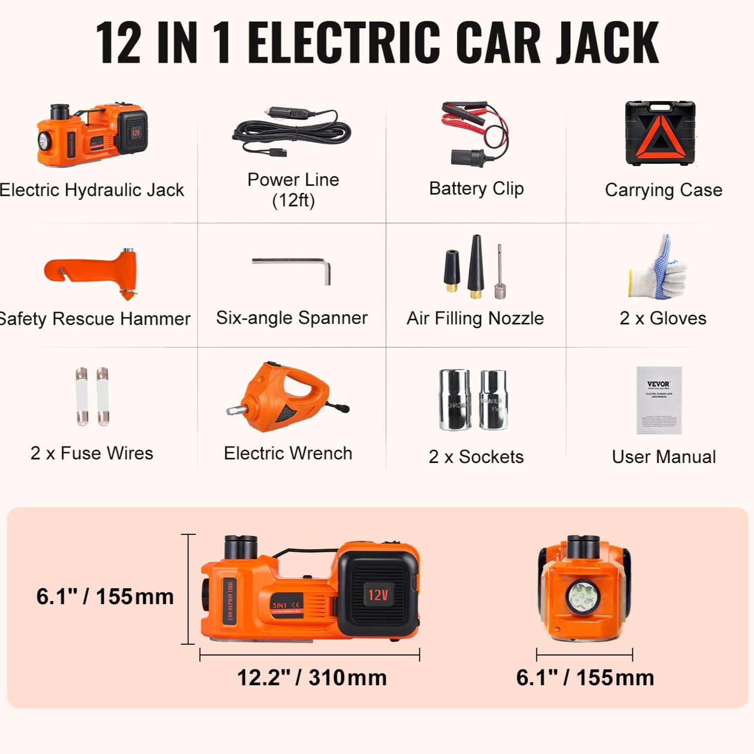 12 in 1 Electric 5 Ton Hydraulic Car Jack and Air Pump with Electric Impact Wrench