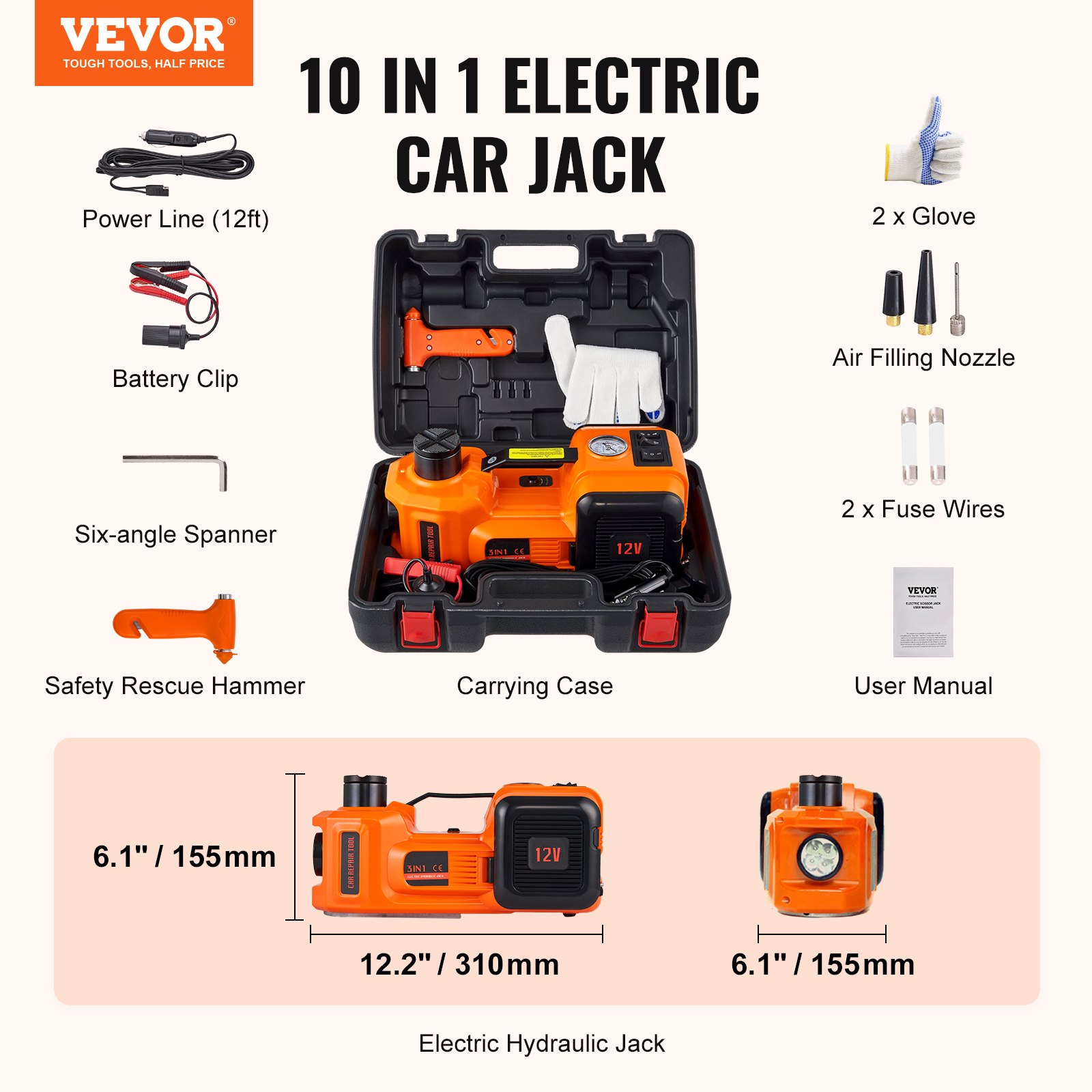10 in 1 Electric 5 Ton Hydraulic Car Jack and Air Pump