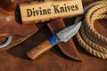 Two-Tone Blue Accent Damascus Knife with Warm Tan Wood Handle