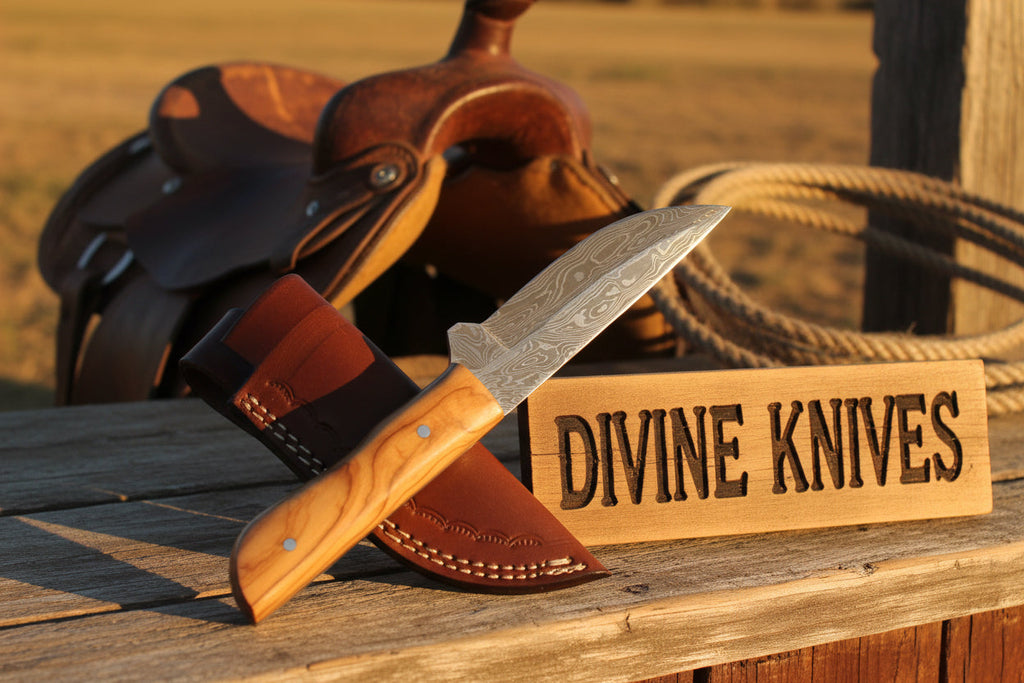 Natural Olive Wood Damascus Knife with Included Leather Sheath