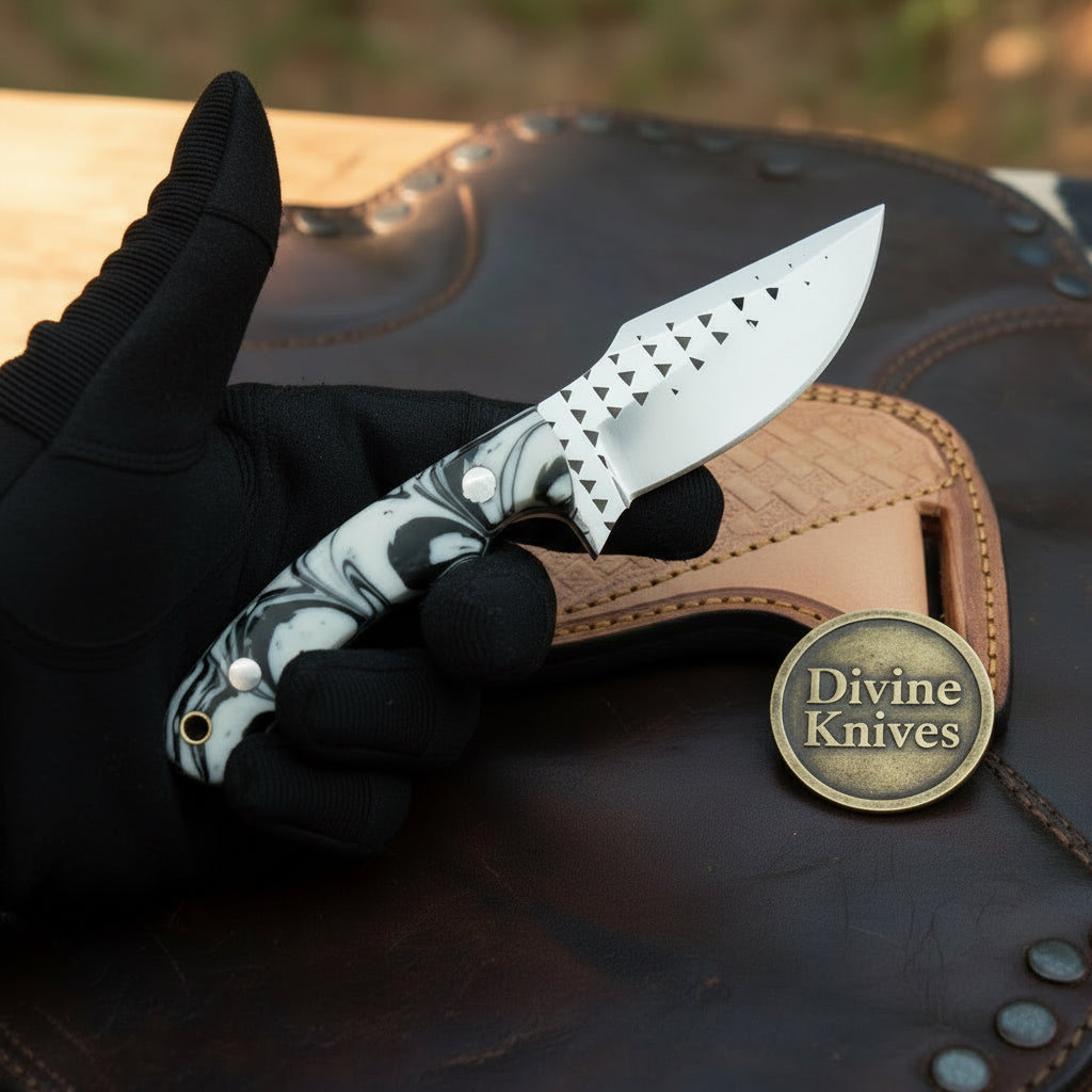 White Marble Resin Rasp Skinner Knife with Curved Rasp-Style Blade