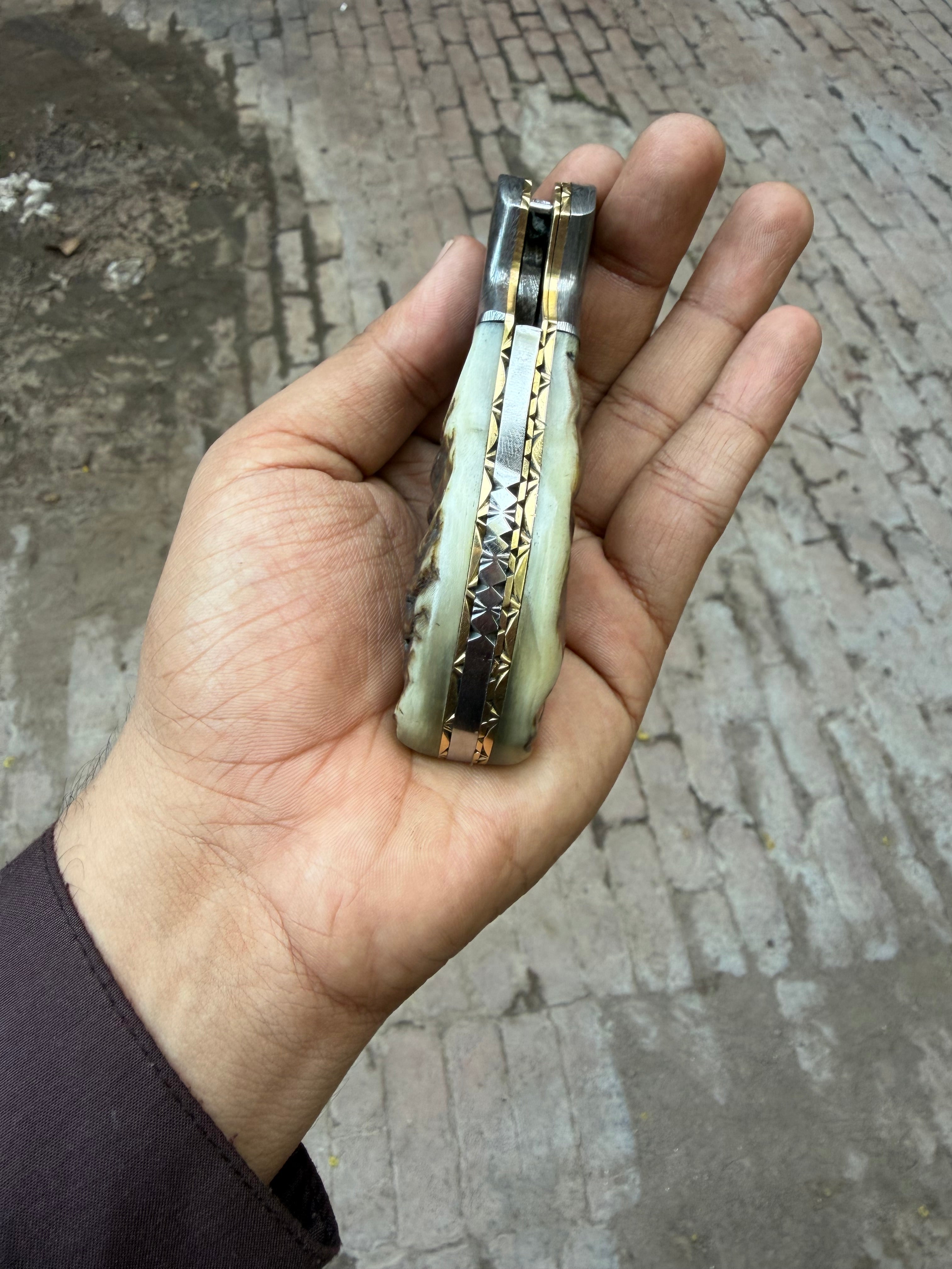 Pearlridge Damascus Folder 7" Handmade Mother of Pearl Lock Back