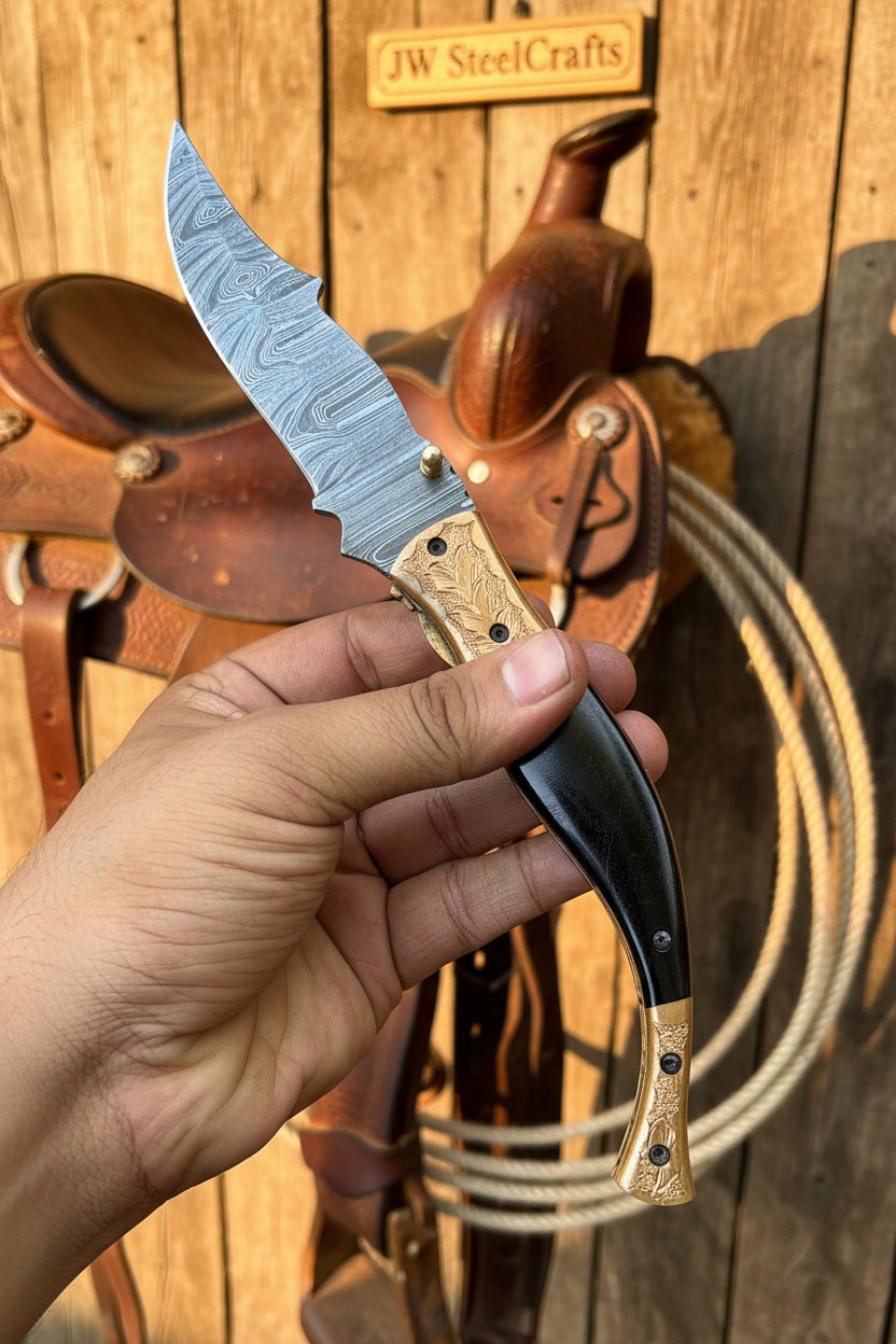 Hidewood Skinner Folder Knife 8" Handmade Damascus Micarta Handle