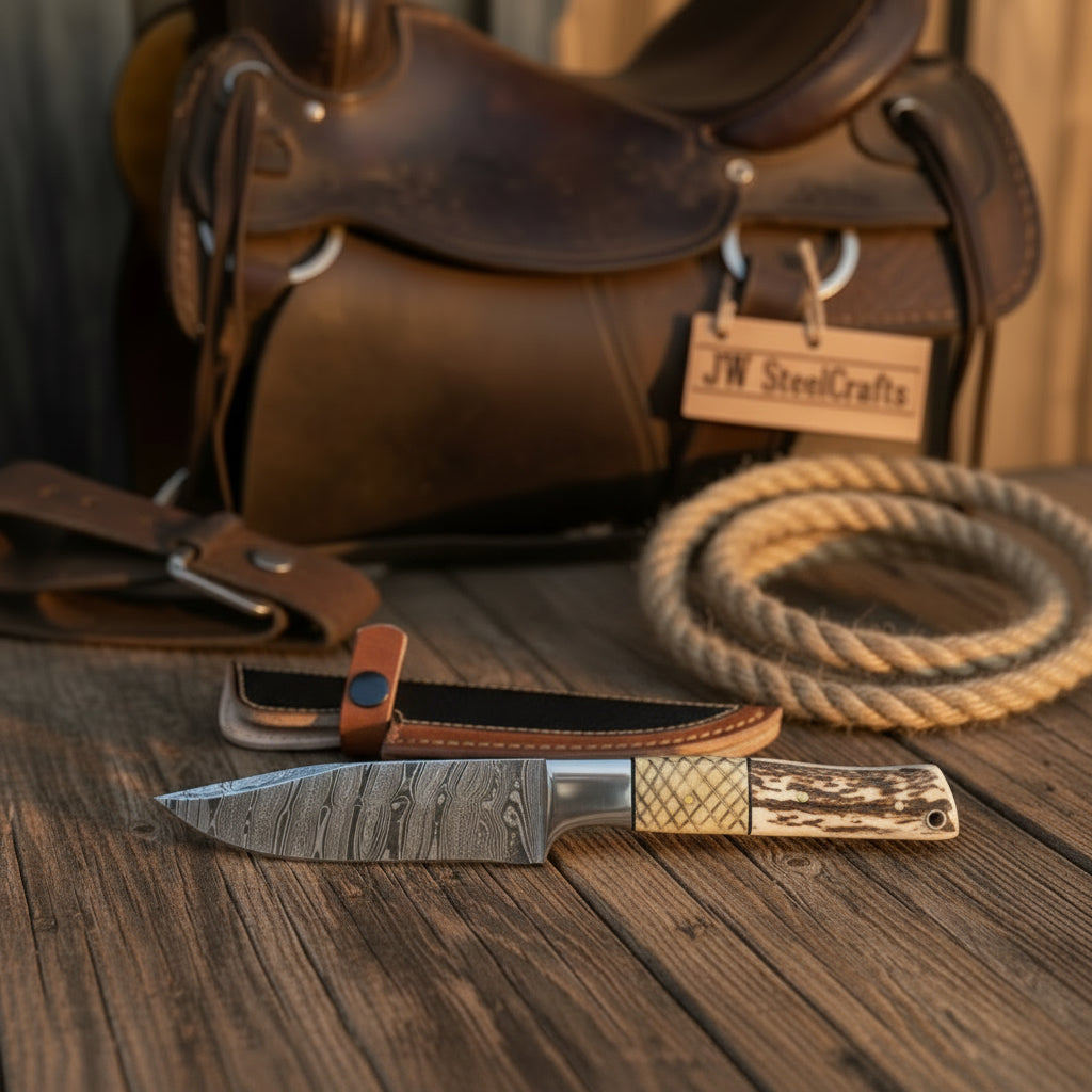 Frontier Stag Damascus Hunting Knife 9" Cross-Hatch Stag Horn