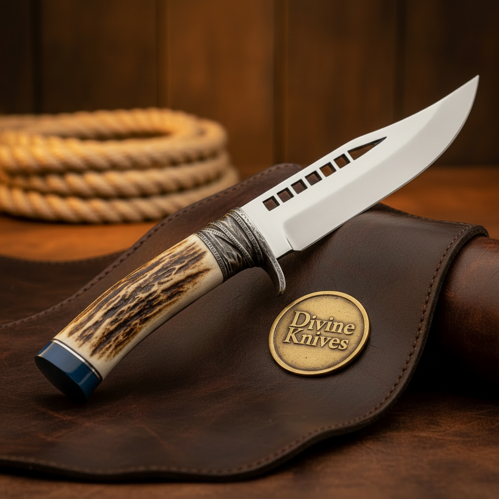 Sawback Survival Knife with Stag Antler Handle and Mirror Polished Spear Point Blade