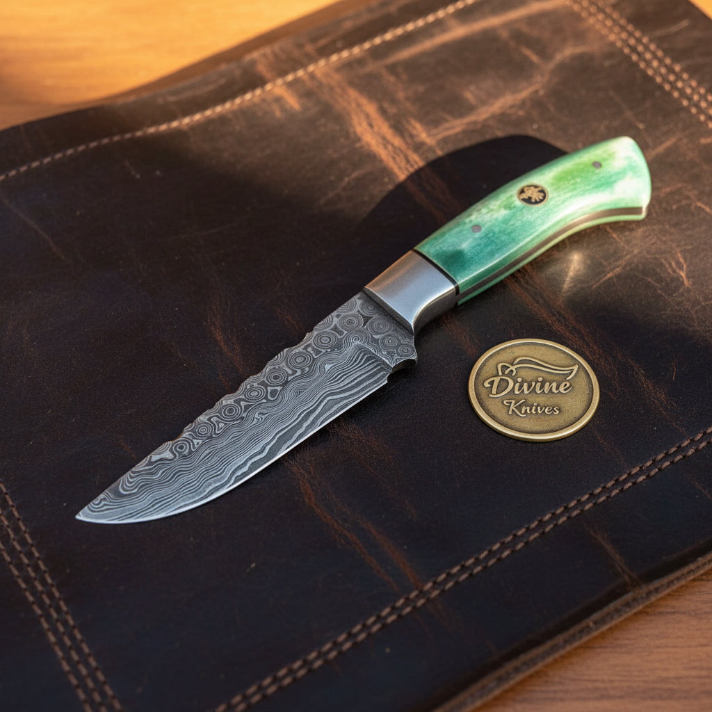 Green Damascus Drop Point Hunter with Mosaic Ricasso Pattern