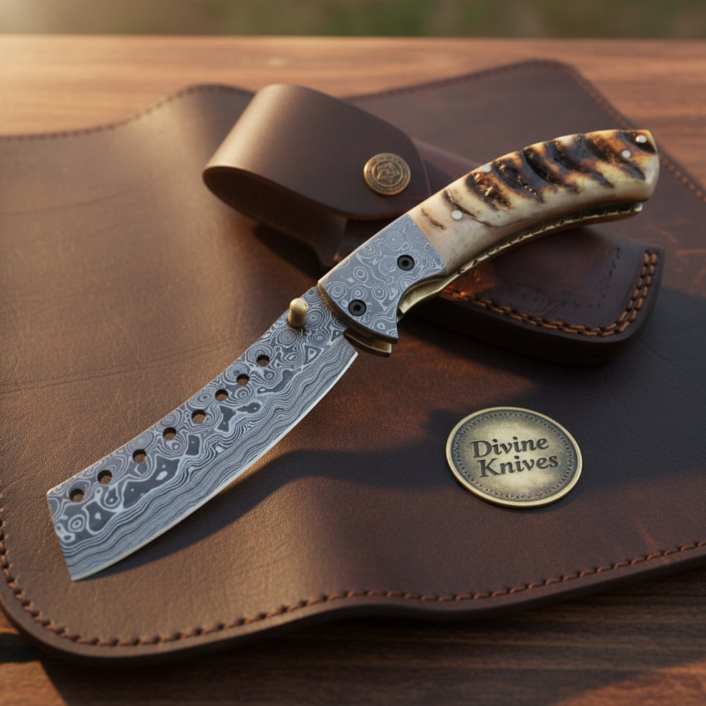 Ram Horn Cleaver Folding Knife with Twist Pattern Blade & Leather Pouch
