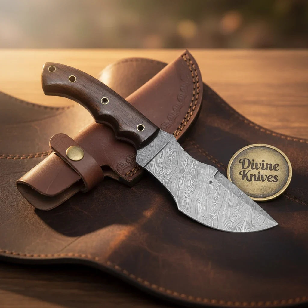 Dark Rosewood Damascus Tracker Knife with Ergonomic Grip