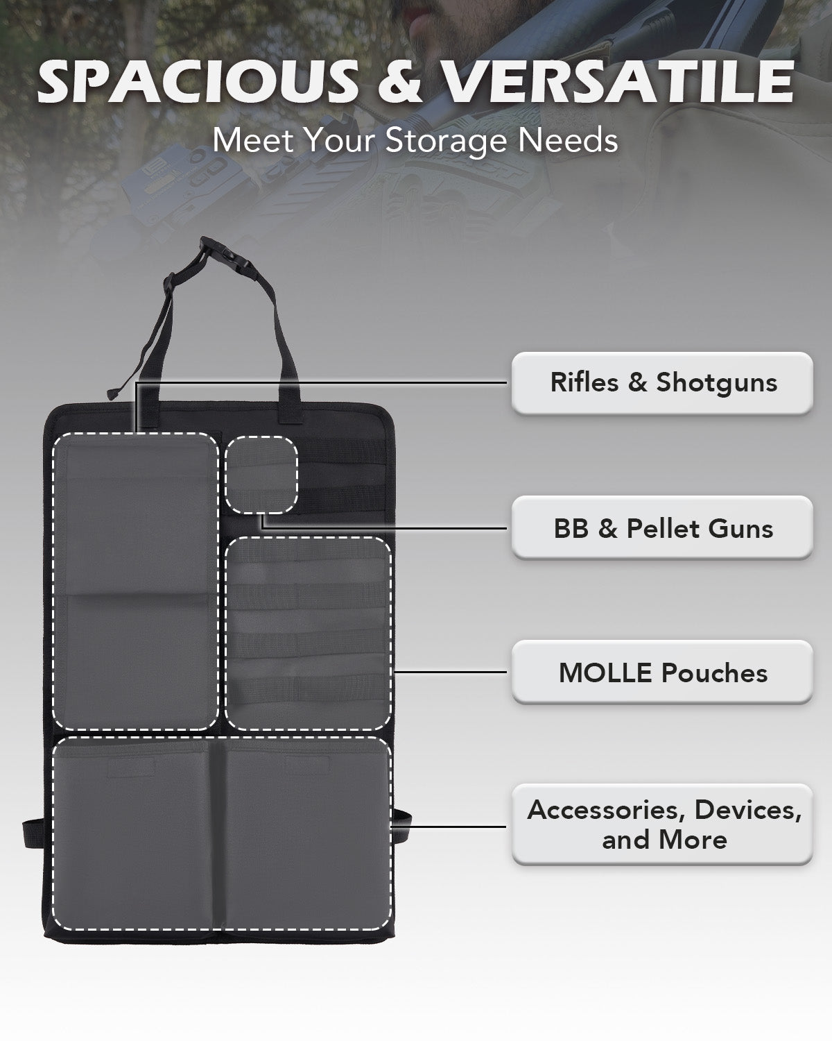 Gun Rack Car Seat Organizer Back Seat Car for Rifles Pistols Camping Gear