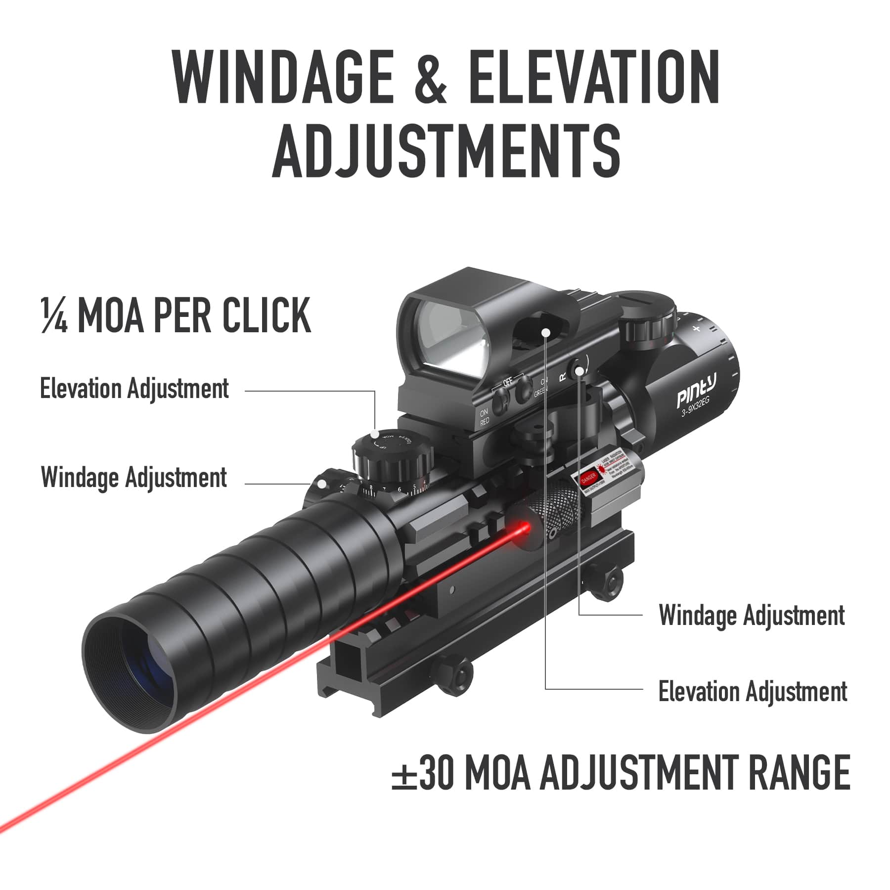3-in-1 Rifle Scope Combo, 3-9*32mm Rangefinder Scope, Red&Green Dot Sight, Red Laser, 14 Slots Riser