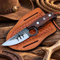 4-Inch Rasp File Steel Knife with Cross Wirecut Blade, Rosewood Handle & Leather Sheath
