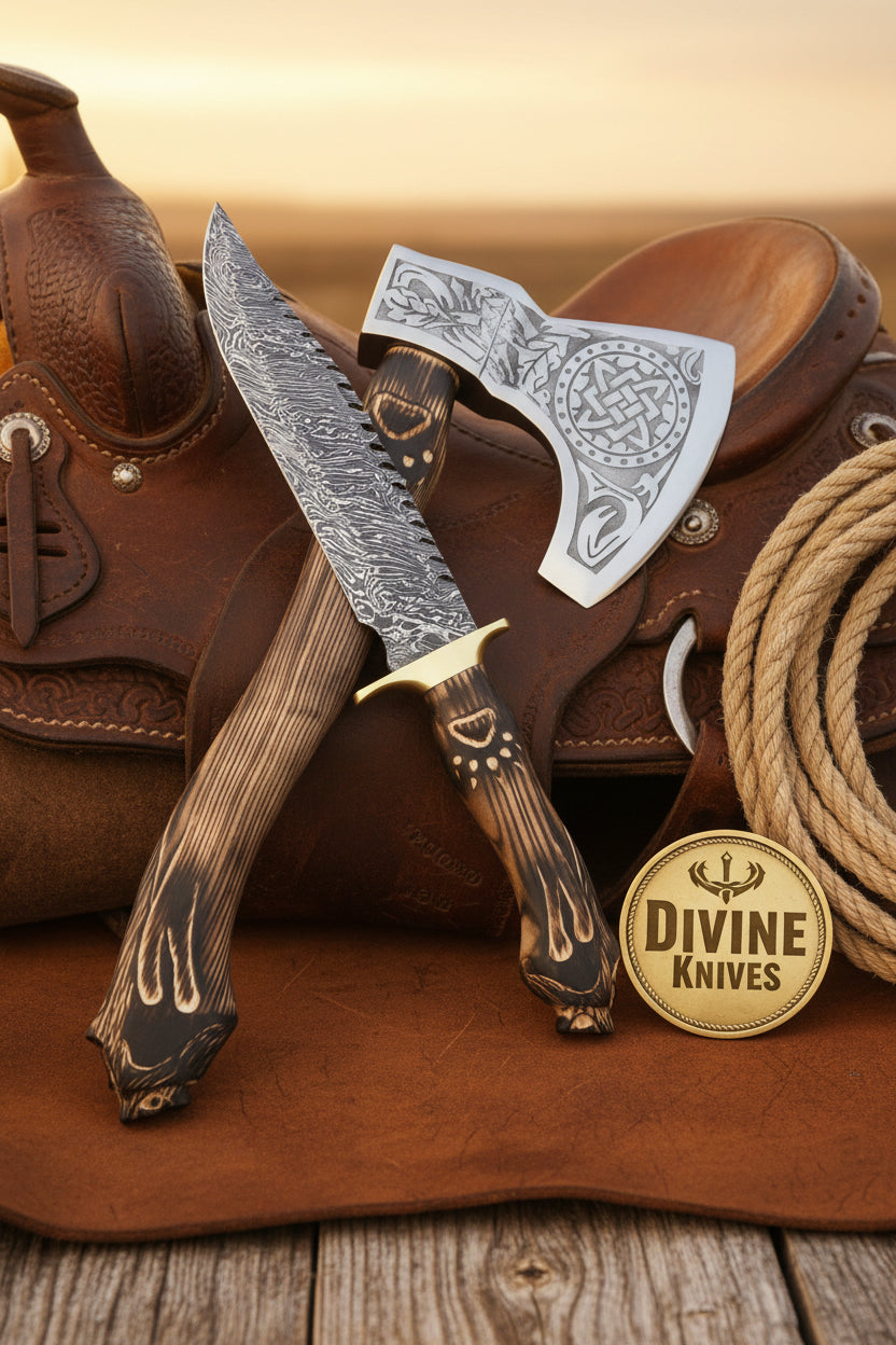 Wolf Head Damascus Bowie Knife with Matching Celtic Tomahawk Axe