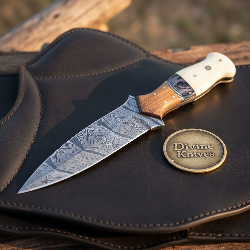 Segmented Bone Damascus Boot Dagger with Segmented Bone and Wood Handle