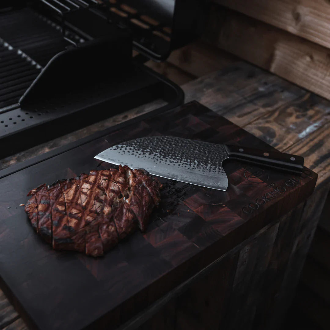 Custom Handmade Damascus Cleaver Knife – 10" Blade with Black Epoxy Resin Handle & Leather Sheath