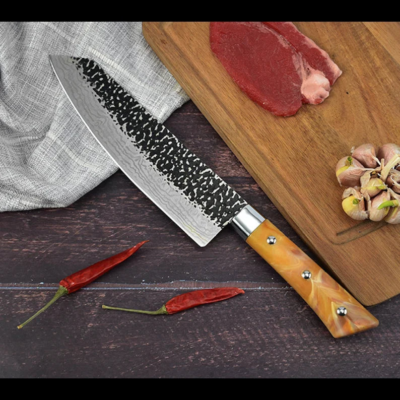 Handmade Damascus Chef Knife 
handle made of rasin