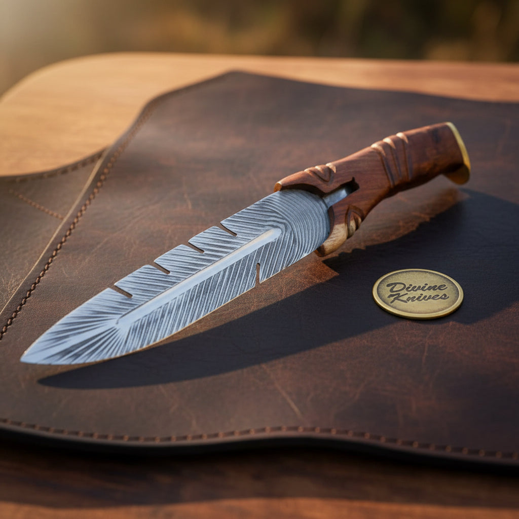 Quillspine Burl Wood Feather-Shaped Damascus Dagger with Carved Red Burl Handle