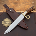 Ring Guard Stag Bowie Knife with Crown Antler Handle and Hand Laced Leather Sheath