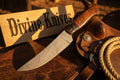 Brown Wood Damascus Knife Accented with a Bold Red Band