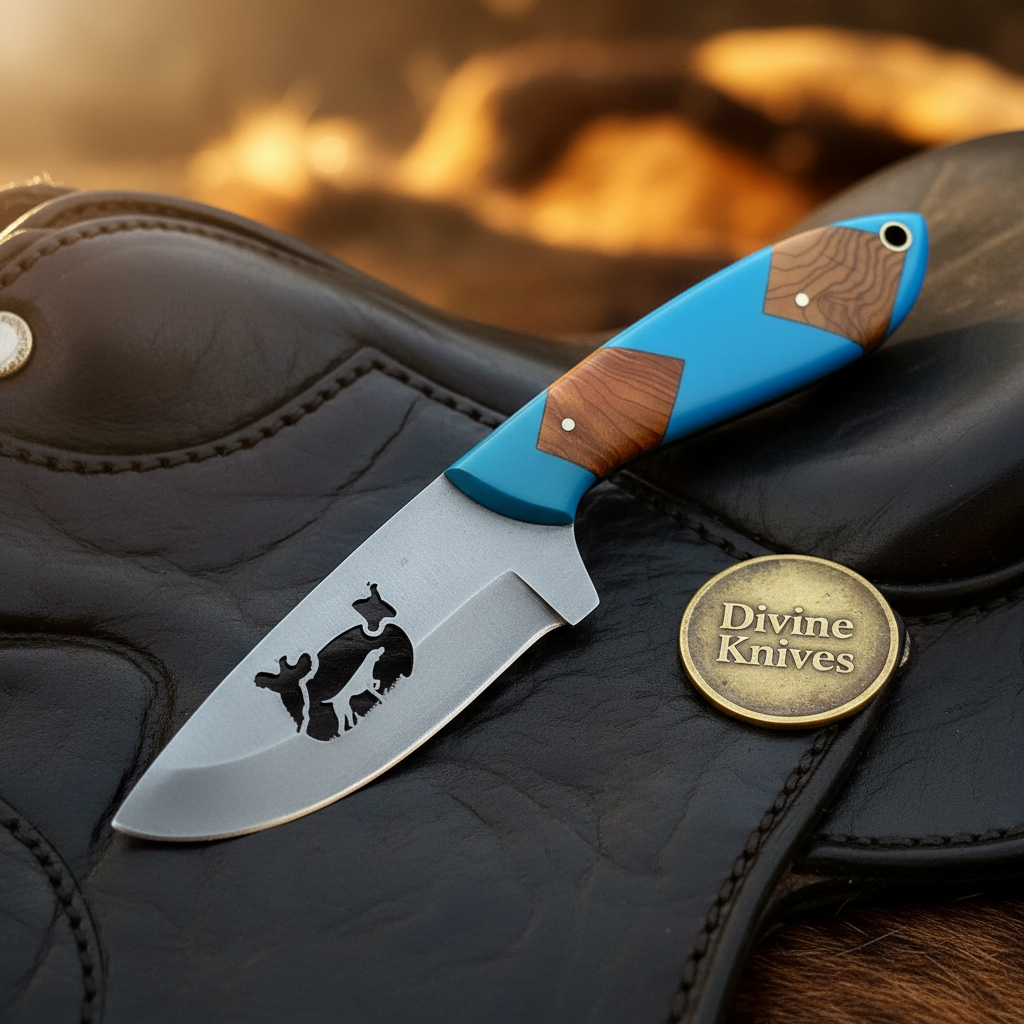 Cattle Engraved Drop Point Knife with Blue Resin & Wood Inlay for Field Dressing Tasks