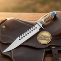 Sawback Survival Knife with Stag Antler Handle and Mirror Polished Spear Point Blade
