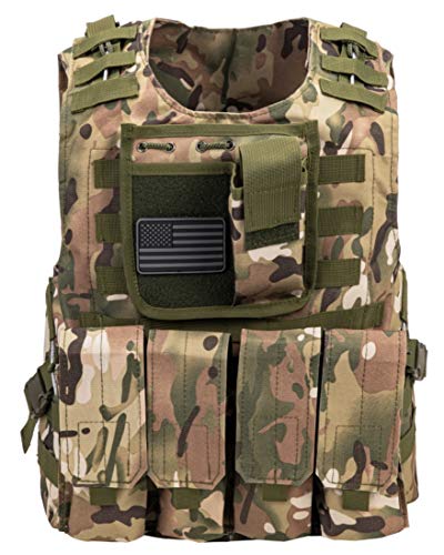 Airsoft Tactical Plate Carrier Vest with Free US Flag Patch, Mil Spec 1000D Nylon PALS Molle Modular w/ 4 Mag Pouches, Side Pouch, Chest Mag Pouch