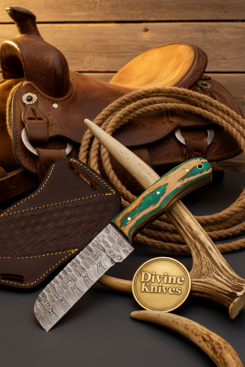 Wawona Cowboy Bull Cutter Knife with Squared Damascus Blade