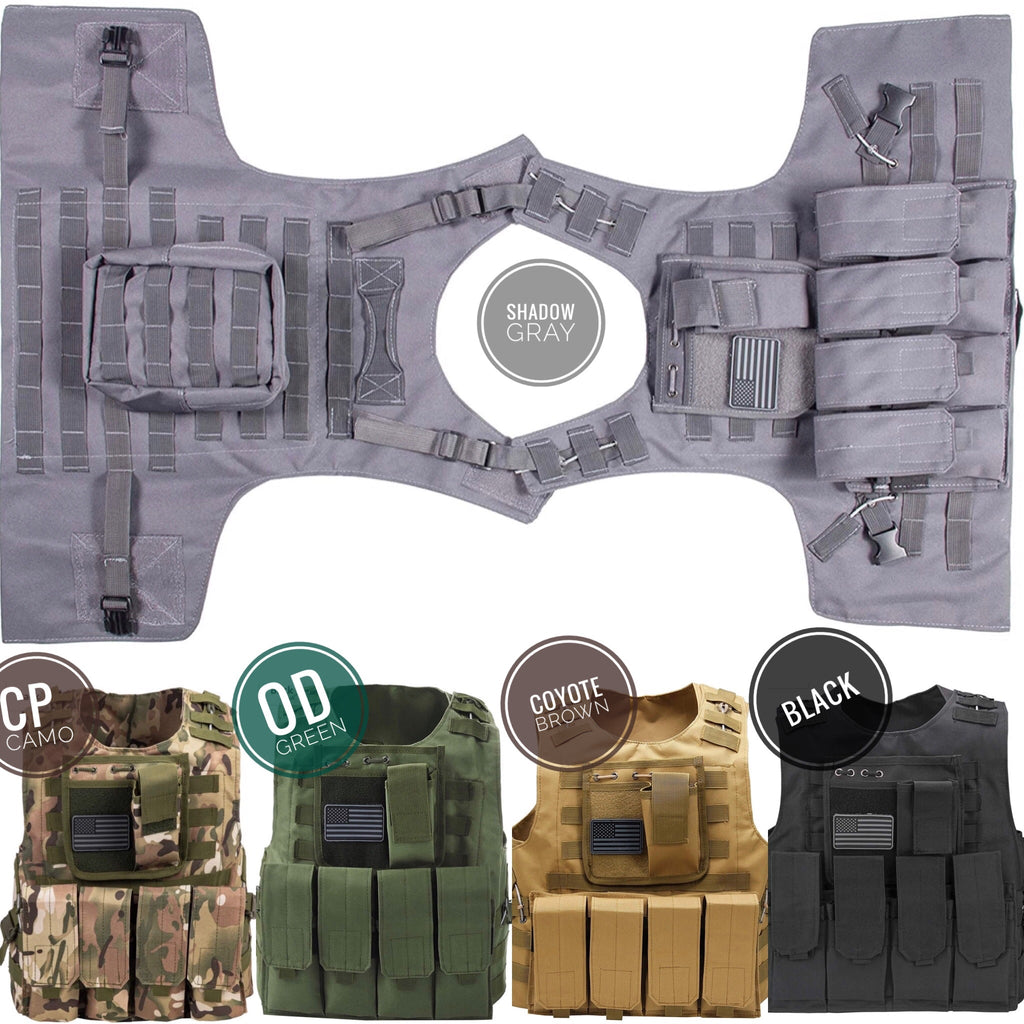 Airsoft Tactical Plate Carrier Vest with Free US Flag Patch, Mil Spec 1000D Nylon PALS Molle Modular w/ 4 Mag Pouches, Side Pouch, Chest Mag Pouch