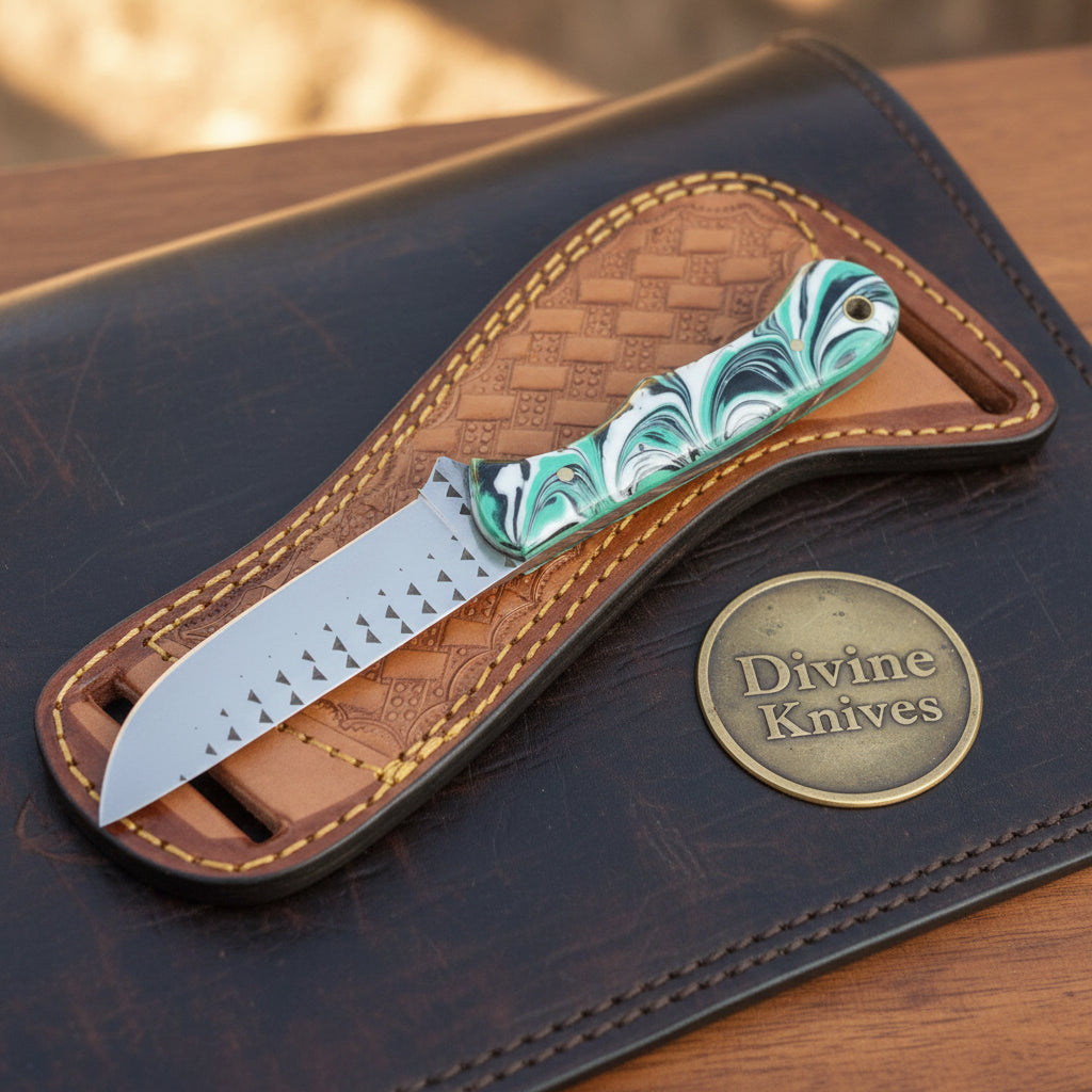 Green Swirl Resin Rasp Cowboy Knife with Clip Point Blade